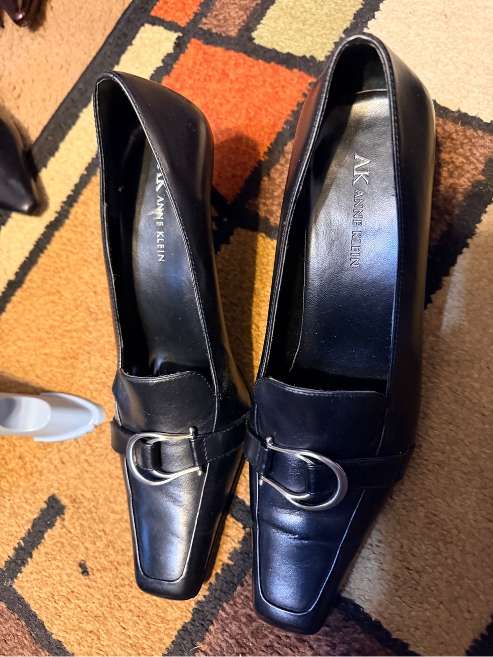 Anne Klein Black Leather Square-Toe Loafers with Silver Buckle